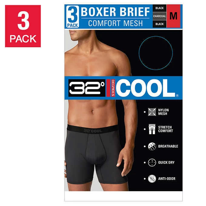 32 Degrees COOL Men's Underwear 3PK Performance Comfort Mesh Boxer Brief