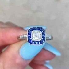 Art Deco Style 1.0Ct Lab Created Diamond And Sapphire Engagement 925 Silver Ring
