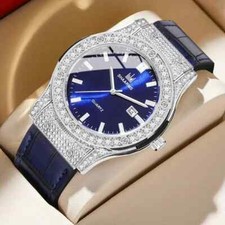 Men Iced Hip Hop Silver Plated Blue Leather Band Simulated Diamond Urban Watch