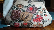 Vintage floral glass beaded purse, multi colored beads, metal clasp and handles.