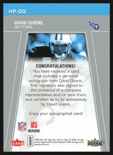 2006 Fleer Hot Prospects #HP-DG David Givens Endorsements AU,1/1 - Picture 2 of 2