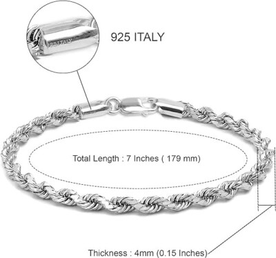 LeCalla 925 Sterling Silver Jewelry 4 MM Rope Chain Bracelet for Women &Men 7 In