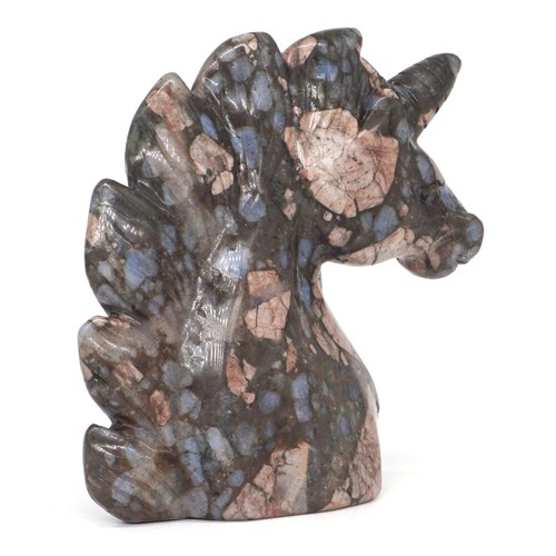 3" Unicorn Head Natural Gems Texas Llanite Blue Opal Carved Mystic Statue #25 - Picture 8 of 8