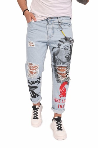 Jeans Uomo Denim Strappati Regular Fit Con Stampe e Disegni Marylin Monroe  | eBay