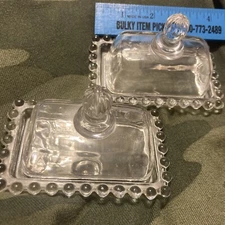 Lot Of 2- Mini Glass Butter Dish Clear Beaded Edge -Lid & Base