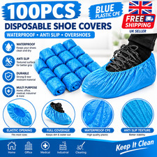 100PCS Disposable Shoe Covers Waterproof Anti Slip Overshoes Blue Plastic CPE