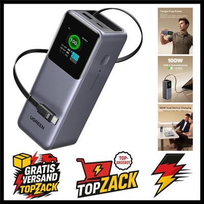 Nexode Power Bank 20000mAh, 165W Schnellladen, 65cm einziehbares Kabel, Kompa...