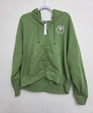 Women's Green Full Zip Hooded Fleece Hoodie, Pockets Drawstring Logo Size L