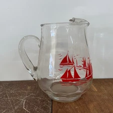 Vintage Glass Pitcher Red Sailboats Nautical Kitchenware Drinkware