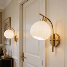 Modern Wall Sconce Light Swan Neck Petal Bedroom Milky White Globe Glass Shade