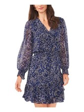 VINCE CAMUTO Womens Blue Lined Long Sleeve Short Evening Fit + Flare Dress S