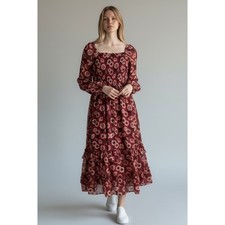 Teens Burgundy Floral Print Square Neck Long Sleeve Tiered Ruffle Midi Dress 16