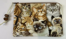 Cats Zip Pouch w/ Nylon & Glass Beads Zipper Pull 5 3/4" x 4" Beige Brown NWOT