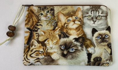 Cats Zip Pouch w/ Nylon & Glass Beads Zipper Pull 5 3/4'' x 4'' Beige Brown NWOT
