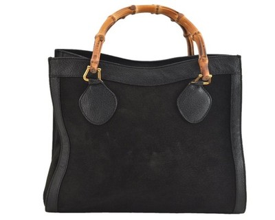 Authentic GUCCI Bamboo Diana Hand Bag Purse Suede Leather Black AC790