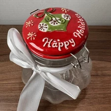 Harry & David Christmas Ceramic Lid Mason Style Jar Happy Holidays Ornament