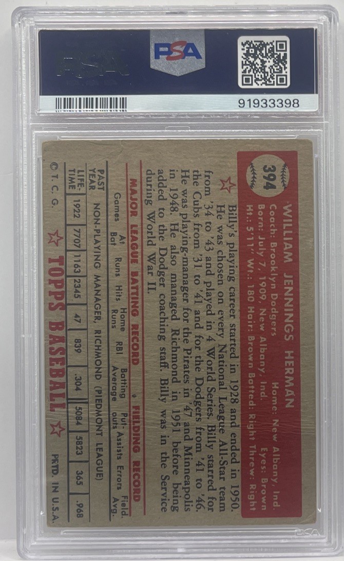 1952 Topps HIGH NUMBER #394 Billy Herman Brooklyn Dodgers PSA 1 PR DODGERS RARE view 2