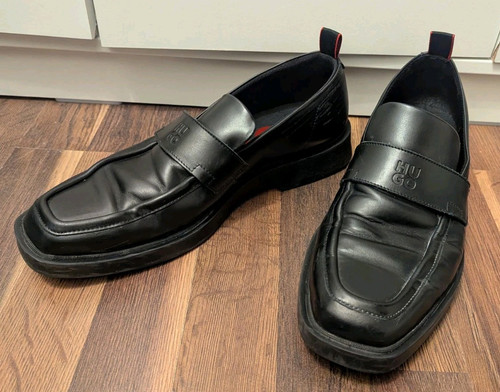 HUGO BOSS Chunky Black Leather Loafers UK 9 Portugal Shoes Mens Square Toe Work - Picture 1 of 12