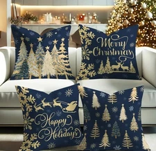 Set of 2 Christmas Pillow Covers 16" or 18"   Holidays-Blue with Gold Trees