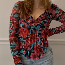 SO Dark Romantic Floral Top Sheer Mesh Sleeve Size S Y2K Fairy Grunge Whimsigoth