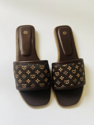 Women's designer inspired chocolate chic monogram strap slide sandals - Image 1 of 4