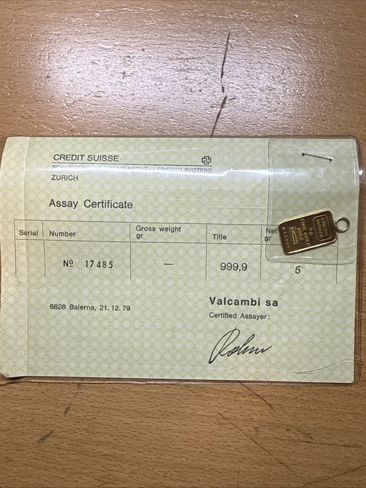 复古瑞士信贷 5 克金条吊坠和原装检测卡 Valcambi — 第 2/4 张图片