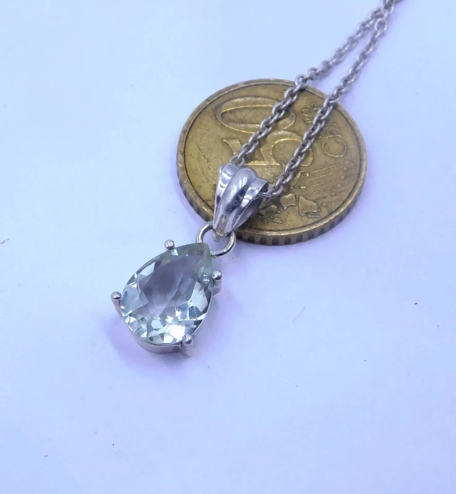 2.4 Gm 925 Sterling Silver Natural Prasiolite Pear Cut Gemstone Pendant Size 1" - Image 3 of 4
