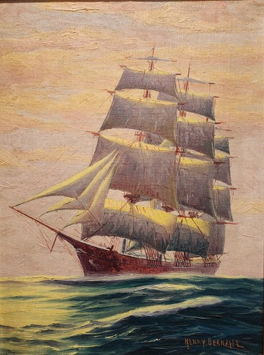 Sailboat Original Oil Painting Ocean Seascape Maritime Ship Henry Bernahl - Picture 14 of 15