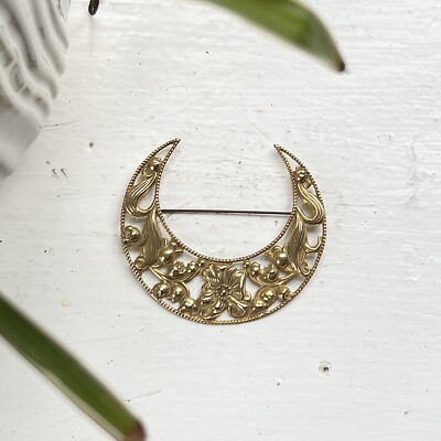 Vintage 1950 s Miriam Haskell Signed Brass Crescent Moon Brooch Art Deco Rare