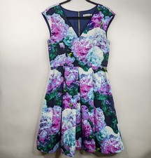 Eliza J Womens 8 Blue Purple Floral Cap Sleeve Fit Flare Knee Length VNeck Dress