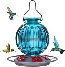 Glass Hummingbird Feeder for Outdoors Hanging, 26Oz Bird Nectar Feeder- Blue