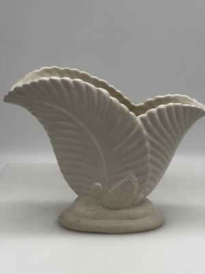 Vintage Double White Palm Leaf Vase, Art Deco, American Pottery.