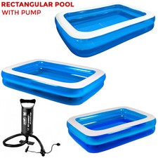 Rectangular Inflatable Swimming Paddling Pool Garden Family 3 Sizes & Hand Pump