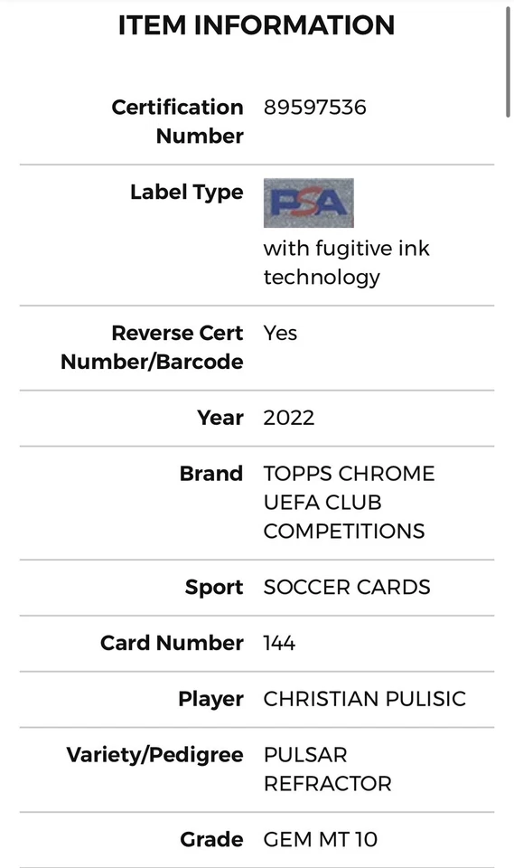 2022-23 Topps Chrome UCC - Christian Pulisic - Pulsar - PSA Gem Mint 10 - Pop 3 - Image 4 of 4