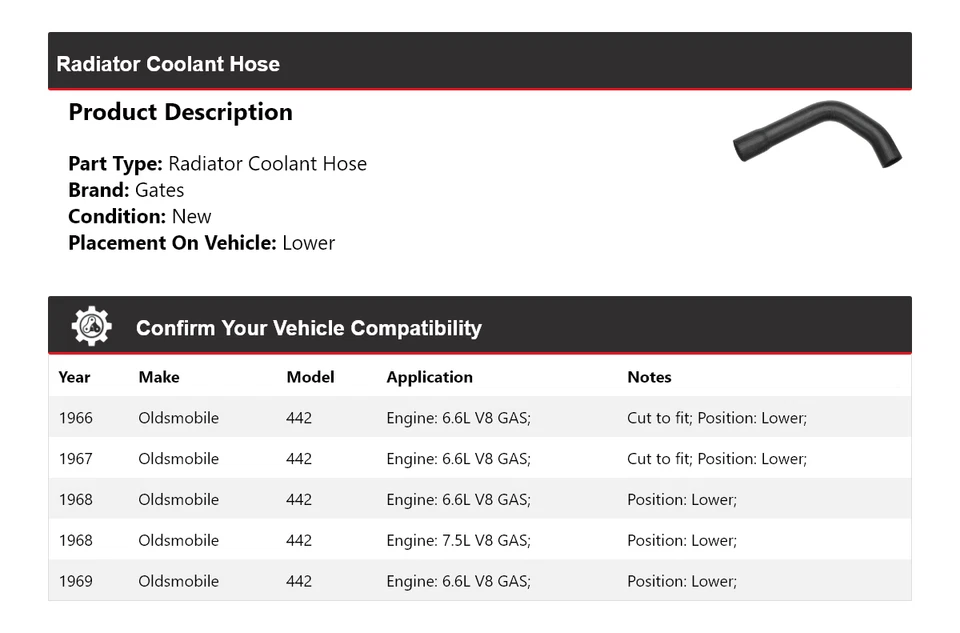 Manguera de refrigerante de radiador Oldsmobile 442 1966-1969 puertas inferiores 1967 1968 Foto 2 de 4