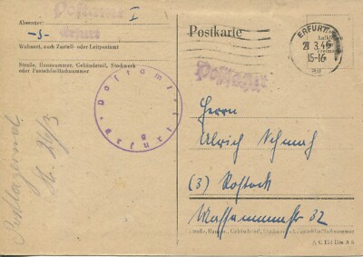 Lokal Erfurt Postsache-Karte mit Dienststempel nach Rostock Bedarf! (B13852)
