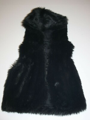 Used Next UK Girls Faux Fur Hooded Vest 10 Year 140cm Black Snaps Down Front