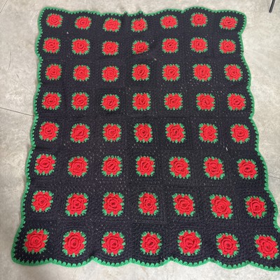 Vintage Granny Squares Blanket 3D Roses Red&Navy Green Trim Crochet Afghan 60x52