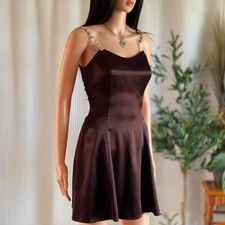 Vtg Y2K Jessica McClintock Gunne Sax Brown Satin Mini Dress Daisy Straps Sz 5/6