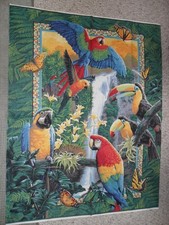 Tropical Bird Colorful Parrot Waterfall Jungle Fabric Panel 36 x 44 3/4 Inch