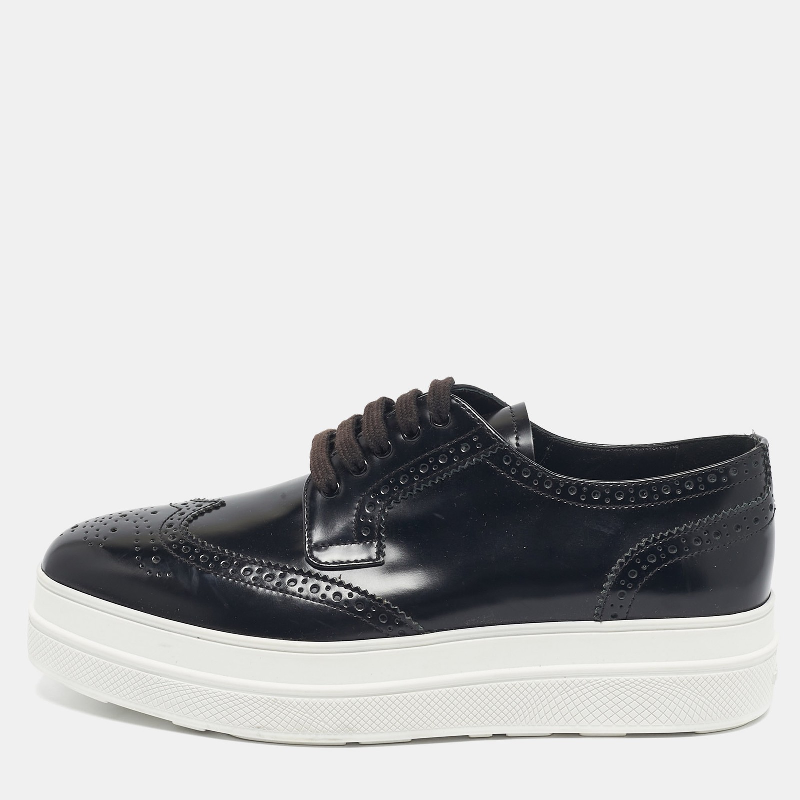 Prada Black Leather Platform Derby Sneakers Brogue Size 38.5