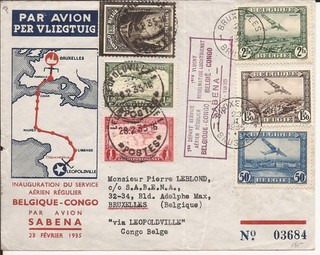 CONGO BELGE ENVELOPPE SABENA 1935 INAUGURATION SERVICE AERIEN REGULIER BELGIQUE