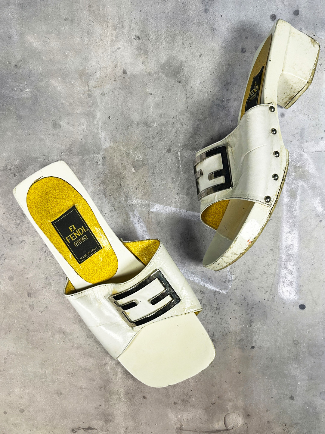 Vintage Fendi FF Zucca Buckle White Leather Studded Clog Slides Sandals 3UK