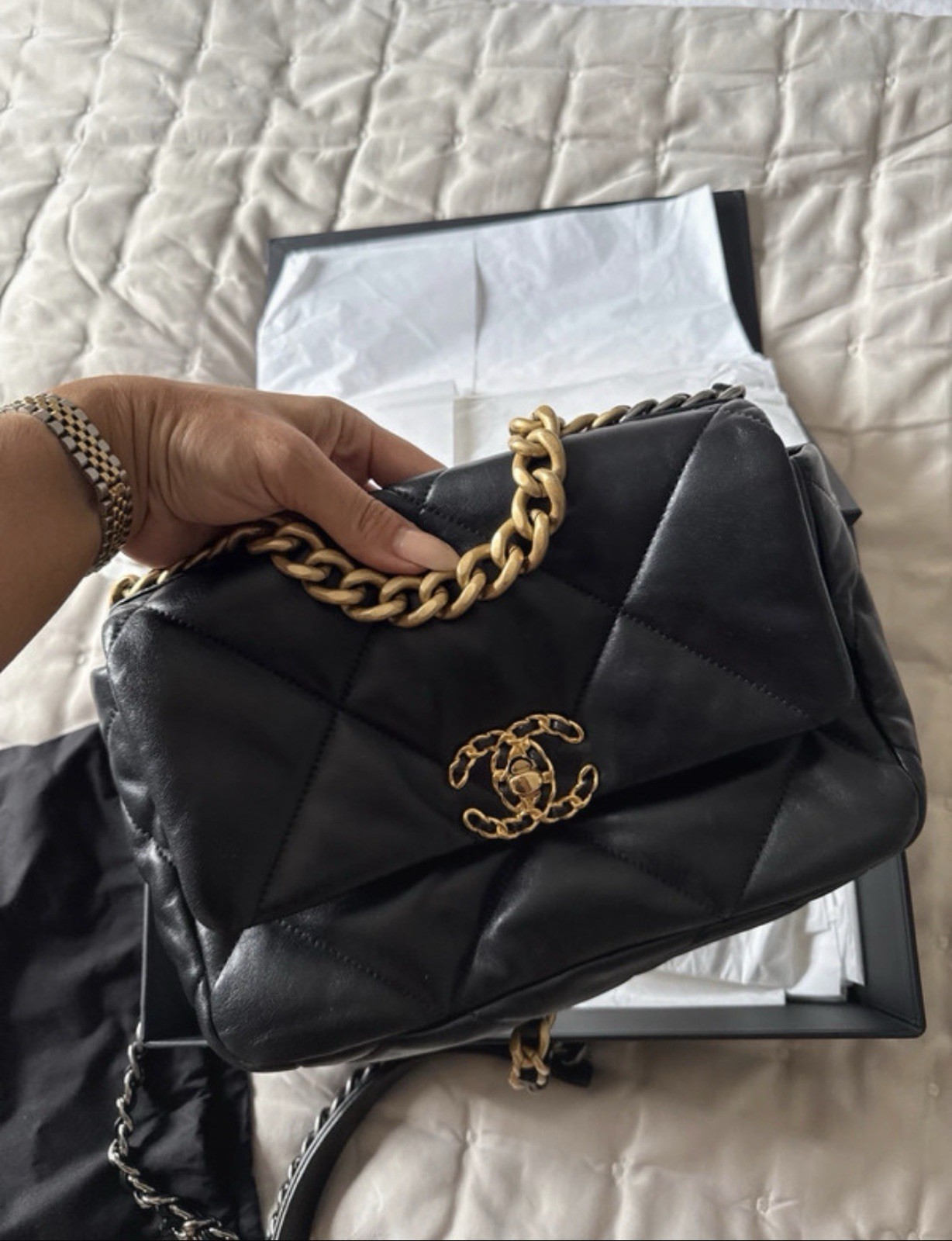 Chanel Black Lambskin Leather Medium 19 Flap Woman Bag