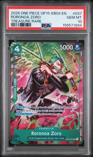 Bandai One Piece Roronoa Zoro OP13-037 Treasure Rare Card English OP15 PSA 10