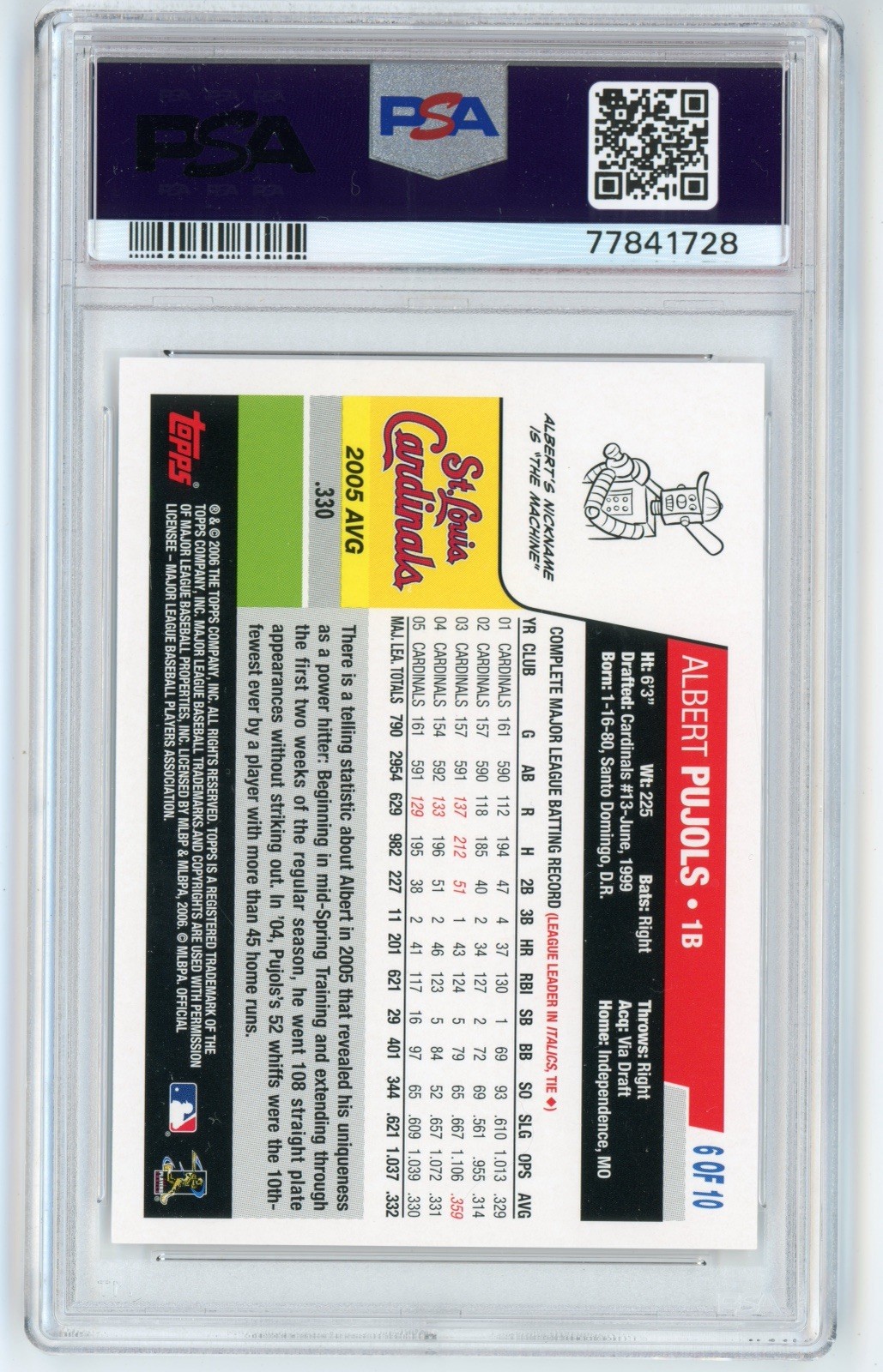 2006 Topps NBCD #6 Albert Pujols PSA 10 Gem Mint view 2