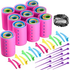 Multicolor plastic hair rollers in six sizes.