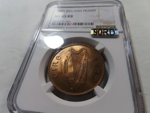 G12 Ireland 1946 Penny NGC MS-65 Red Brown w/ MAC Sticker; 90 RD