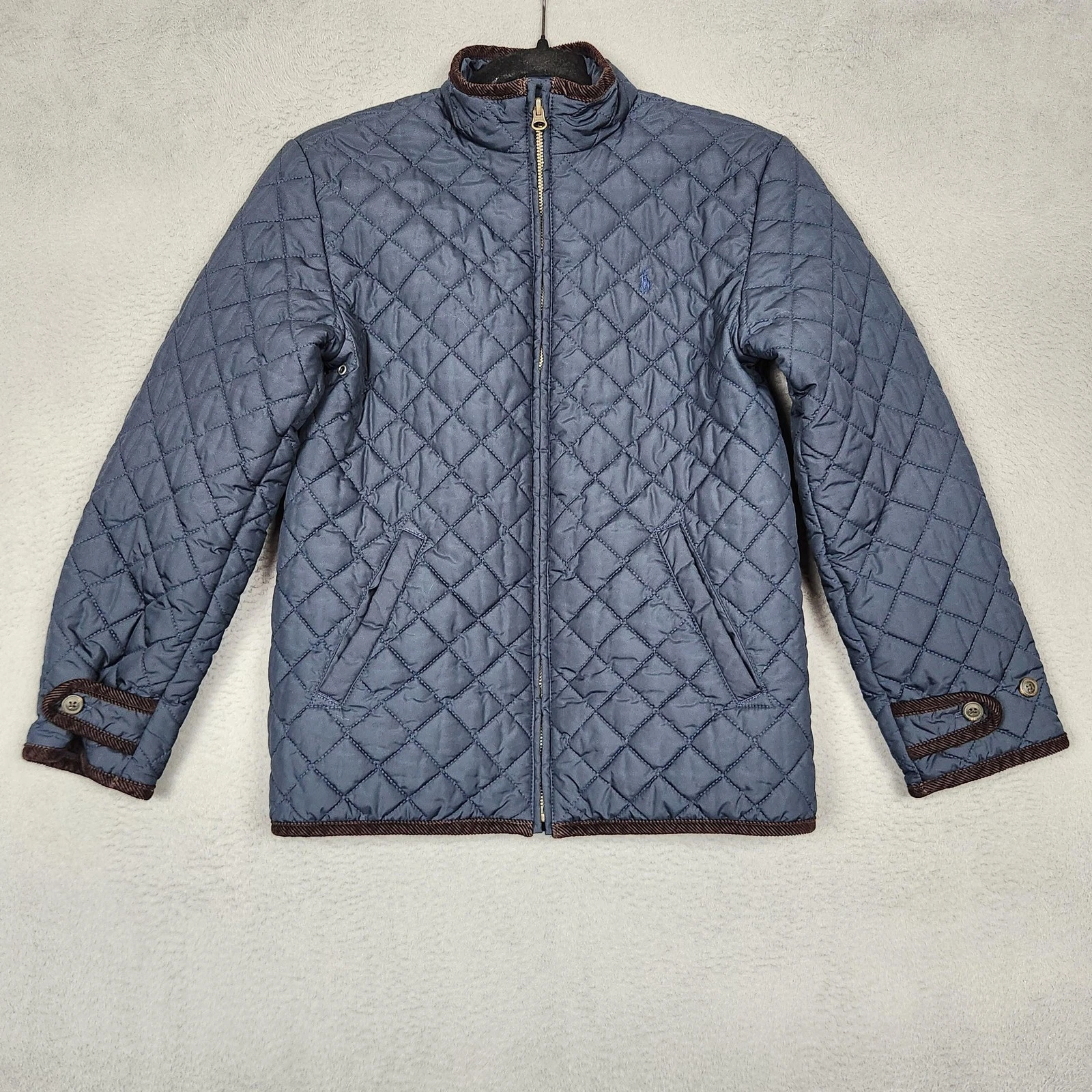 Polo Ralph Lauren Jacket Boys 12/14 Blue Quilted Corduroy Trim Zip Winter Coat