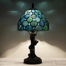 Small Tiffany Lamp Stained Glass Table Lamp Sea Blue Pearl Style Bedside Desk...